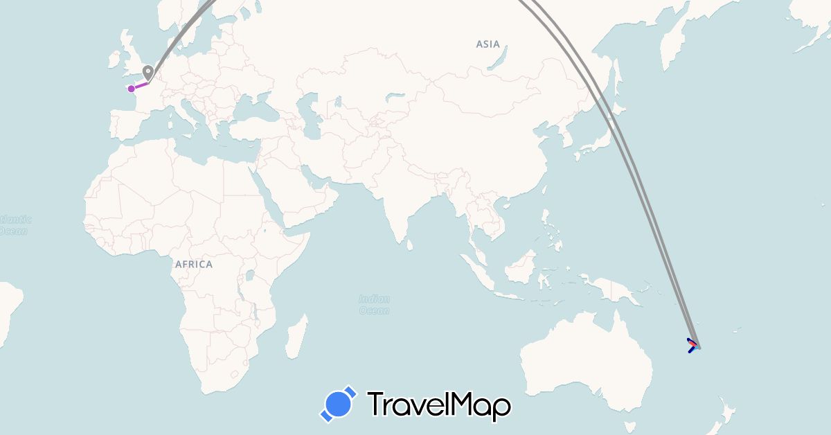 TravelMap itinerary: driving, bus, plane, train, hiking, boat in France, New Caledonia (Europe, Oceania)